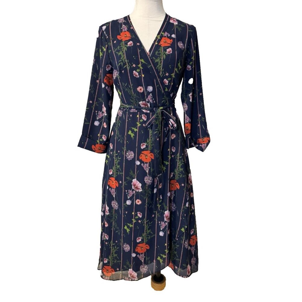 Ted Baker Midi Dress 2 Hedgerow 4 6 Floral Stripe 3/4 Long Sleeve $680